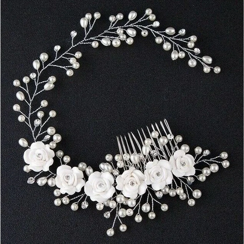 Bridal Pearls Flowers Crystals Hair Comb White Wedding Hairband Accessory